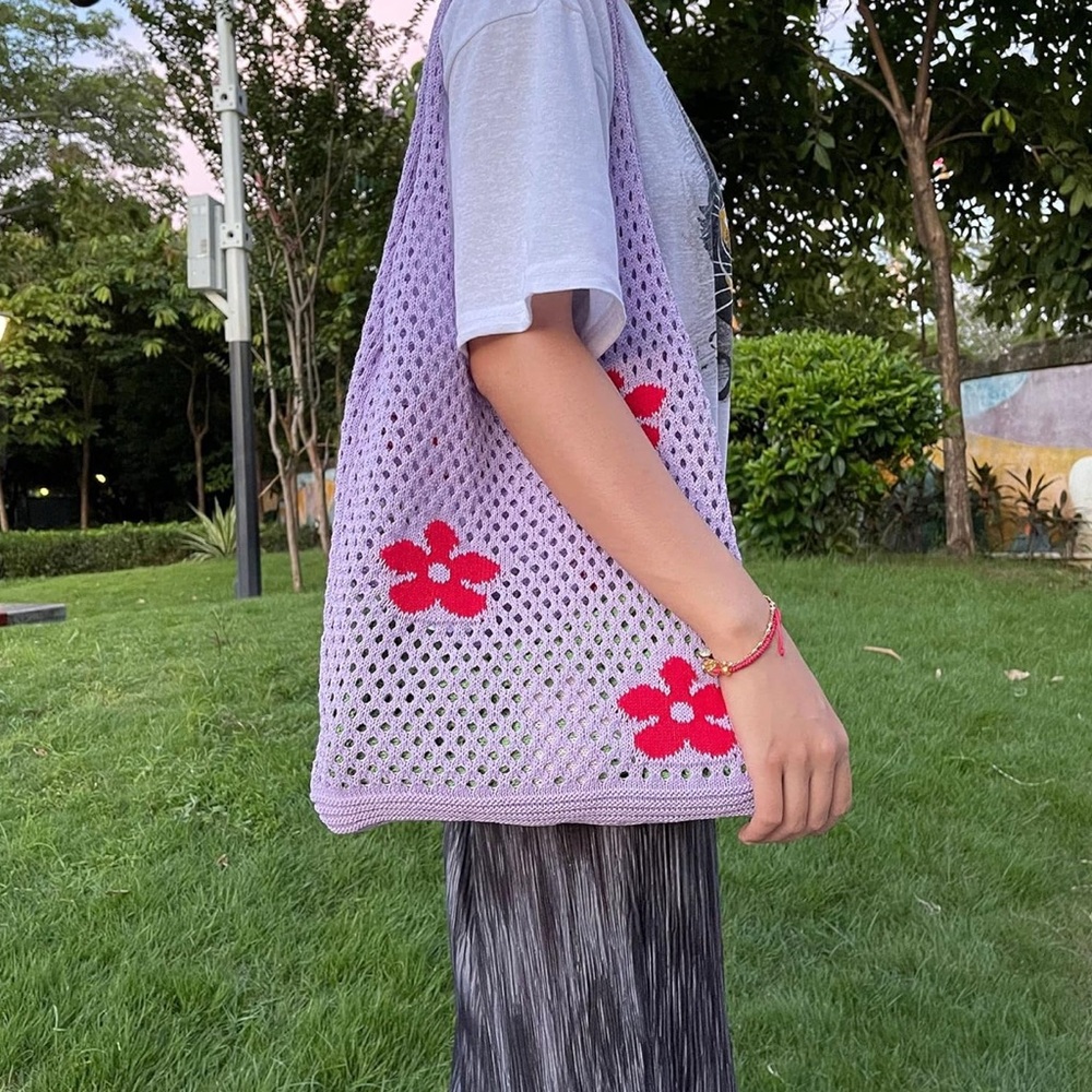 Purple Crochet Tote Bag with‎ Red Floral Accents